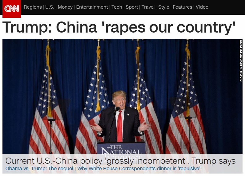 미국 공화당 대선주자 도널드 트럼프의 중국 비난 논란을 보도하는 CNN 뉴스 갈무리.
