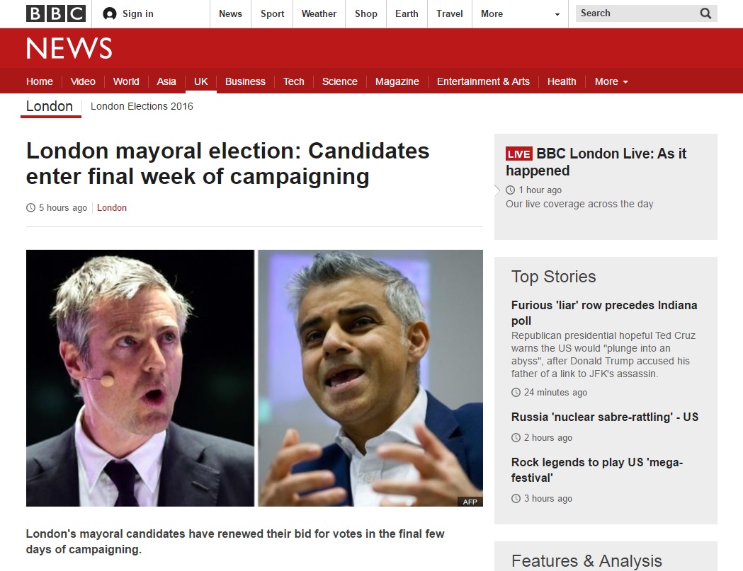 오는 5일 치러질 영국 런던 시장 선거를 전망하는 BBC 뉴스 갈무리.