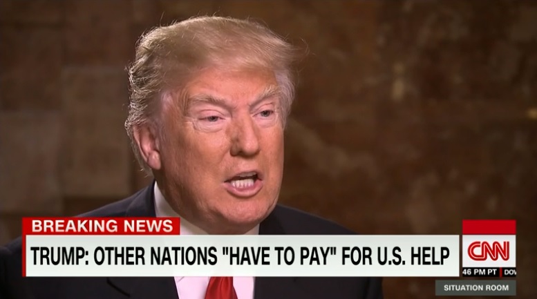 동맹국의 미군 방위비 분담에 대한 미국 공화당 대선주자 도널드 트럼프의 CNN 인터뷰 갈무리.