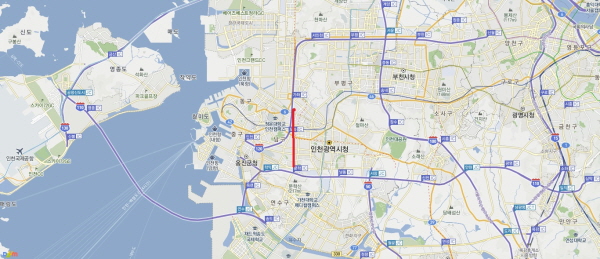 사진에서 세로로 빨간색으로 그은 부분이 제1경인고속도로 가좌IC인근에서 제2경인고속도로 문학IC까지를 지하터널로 연결하겠다는 구간이다.
