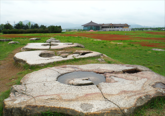    경주 황룡사지(사적 제6호) 금당지. 장륙존상과 협시불의 대좌석, 그리고 이들 삼존불 대좌석의 동서쪽으로 14개의 불대좌석이 남아 있다.