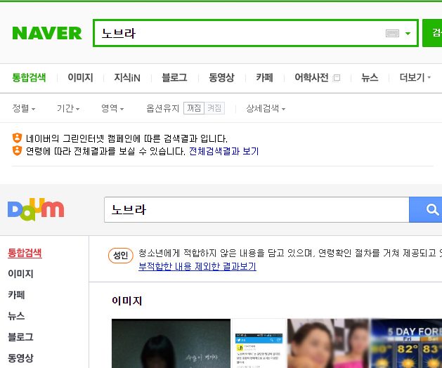 국내 포털사이트 두 곳에서 '노브라'를 검색해봤다. 검색 결과가 필터링 되어 나온다. 노브라는 청소년에게 위해한 것이라는 인식이 고스란히 반영된 것이다. 