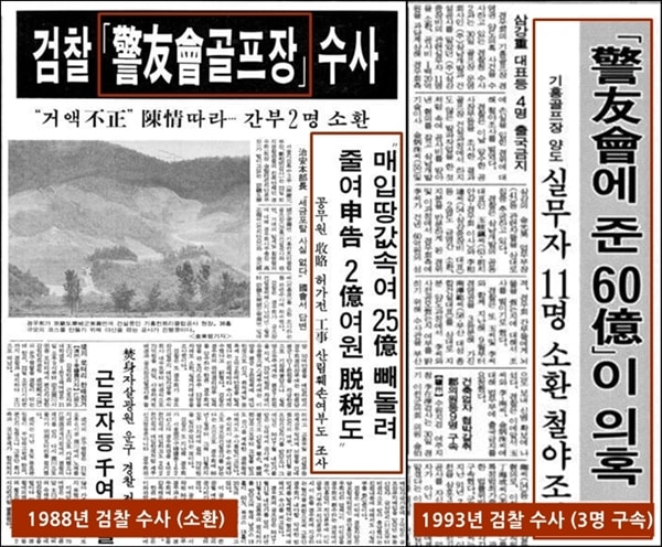 검찰이 수사한 경우회 기흥골프장 의혹 사건을 다룬 1988년과 1993년신문 기사