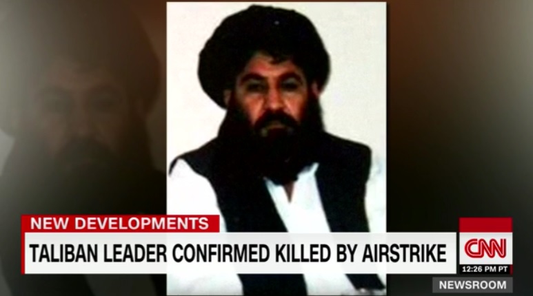 탈레반 최고지도자 물라 아크타르 만수르의 사망을 보도하는 CNN 뉴스 갈무리.