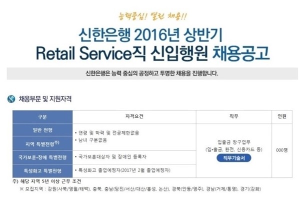 2016년 상반기 신한은행의 채용 공고문.