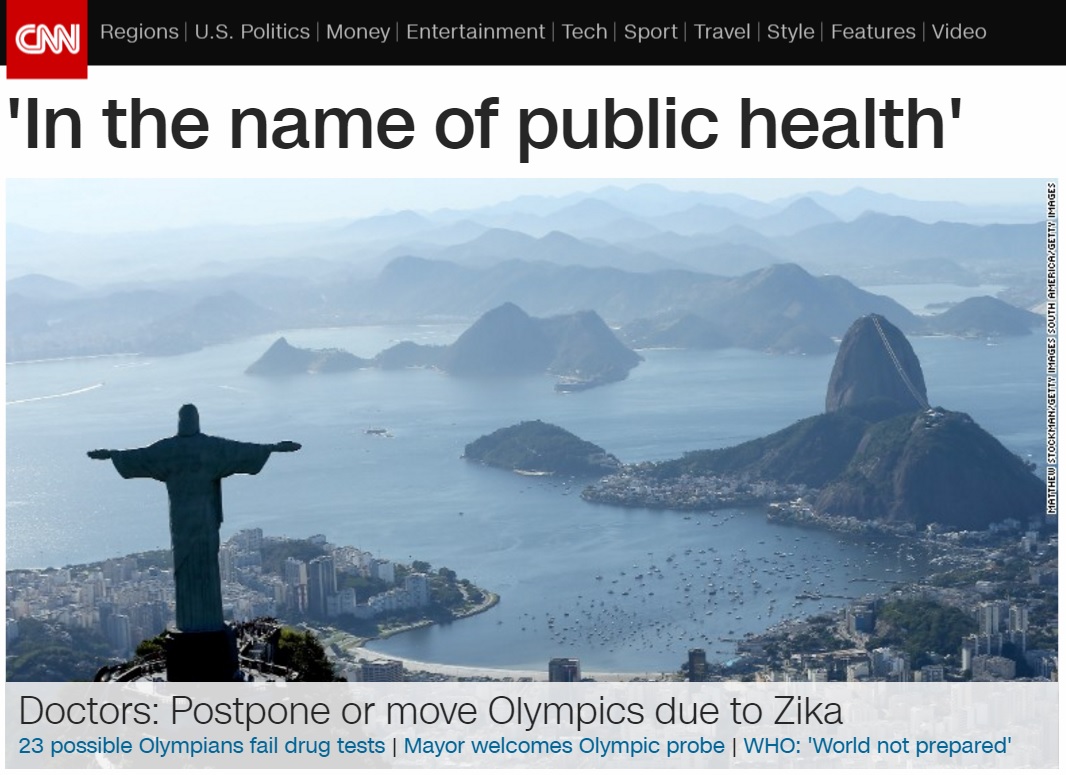 세계 보건 전문가들의 2016 리우 올림픽 연기 탄원을 보도하는 CNN 뉴스 갈무리.