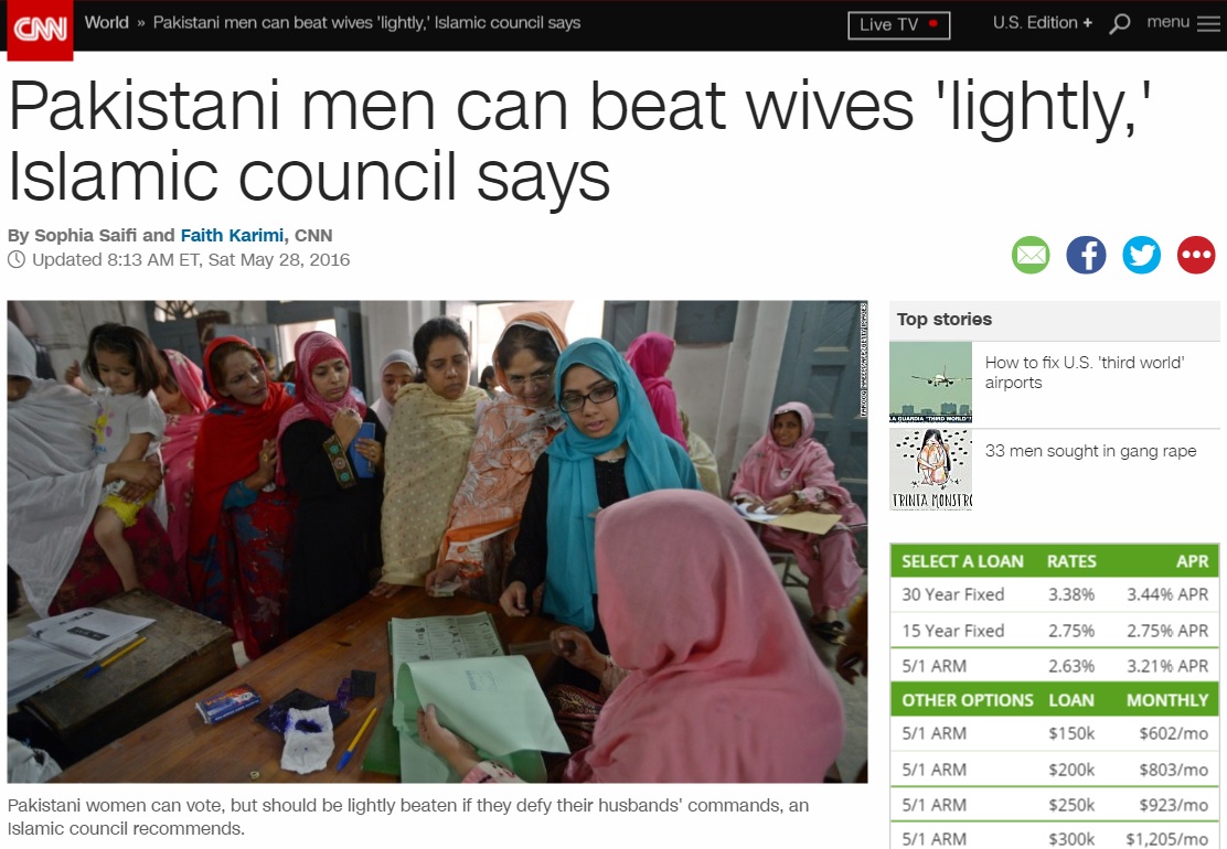 파키스탄의 '아내 체벌 법안' 추진을 보도하는 CNN 뉴스 갈무리.