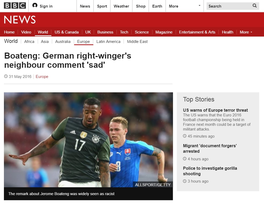 독일 축구대표 제롬 보아텡을 둘러싼 인종차별 논란을 보도하는 BBC 뉴스 갈무리.