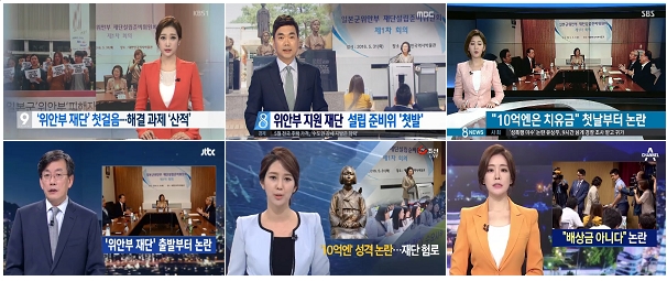 5월 31일, 6개 방송사 ‘위안부 피해자 지원재단 준비위원회 발족’ 관련 보도 제목 비교
