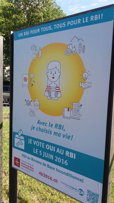 기본소득(Revenu de Base Inconditionne) 찬성 투표를 호소하는 포스터. 기본소득 덕분에 삶을 선택한다라는 뜻을 담고 있다.