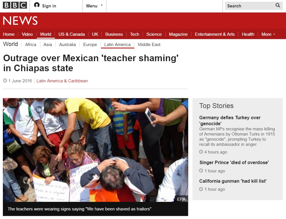 멕시코 교사들의 강제 삭발 논란을 보도하는 BBC 뉴스 갈무리.