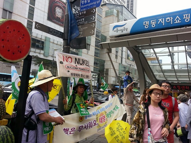 명동 입구에서의 탈핵 촉구 탈핵 희망 서울길 순례단은 명동, 남대문 시장, 인사동 일대에서 20대 국회는 에너지 정책의 혁명적인 전환을 요구하였다.