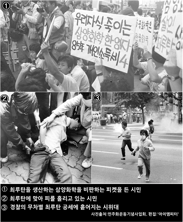 6월 항쟁 당시 최루탄을 생산하는 삼양화학을 비판하는 피켓을 든 시민