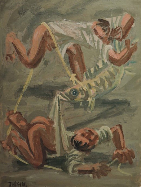 이중섭 I '물고기와 노는 두 어린이' 종이에 유채 41.8×30.5cm 1950년대 근접촬영

 
