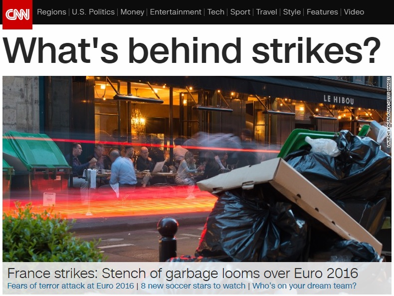 유로 2016 개최국 프랑스의 노동계 파업을 보도하는 CNN 뉴스 갈무리.