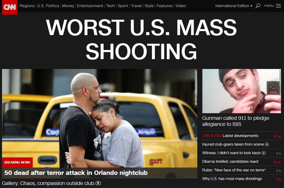 미국 올랜도에서 발생한 총기난사 테러를 보도하는 CNN 뉴스 갈무리.