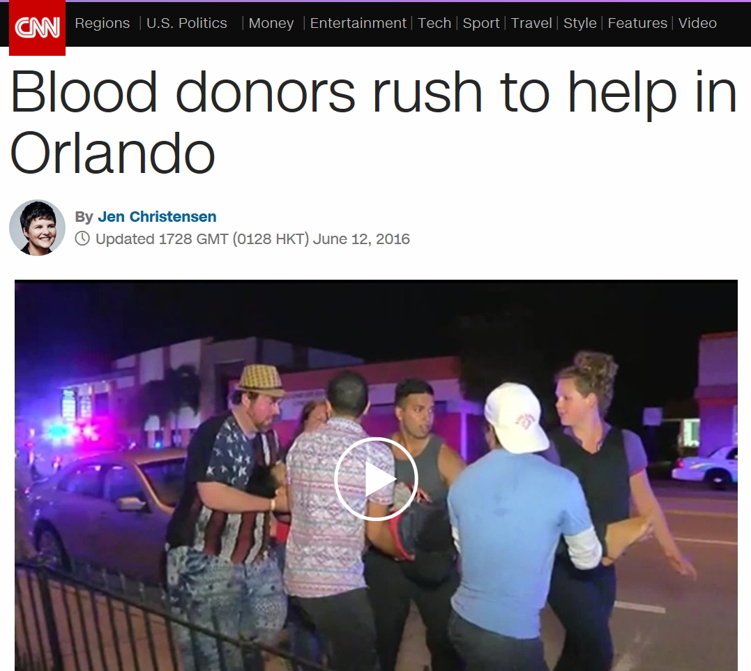 미국 플로리다주 올랜도 LGBT클럽 총격사건 이후, 부상자들을 위해 헌혈 행렬이 줄을 잇고 있다는 CNN 기사.