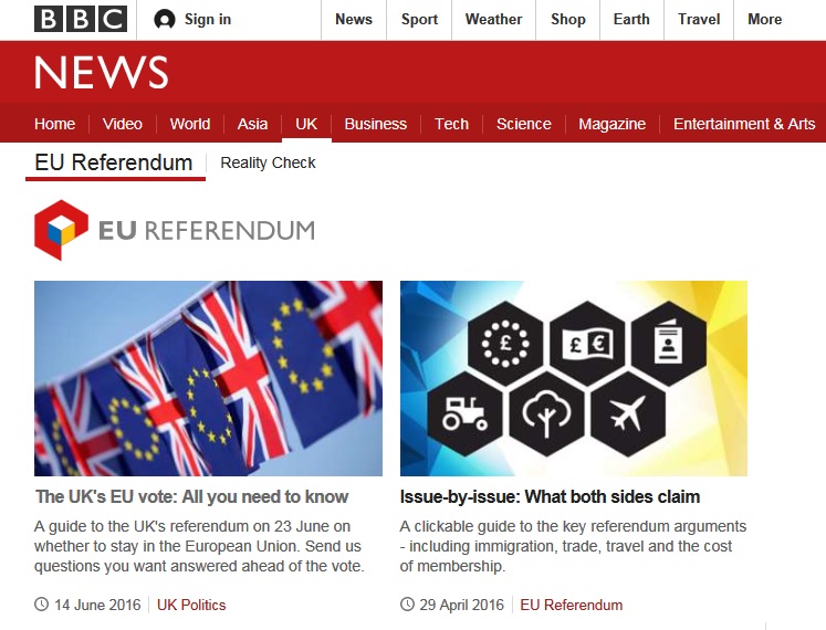 영국 브렉시트 국민투표 여론을 보도하는 BBC 뉴스 갈무리.