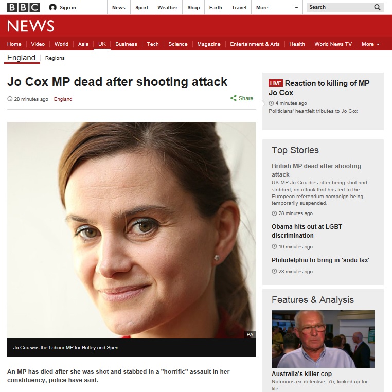  조 콕스 영국 노동당 하원의원 총격 사망을 보도하는 BBC 뉴스 갈무리.