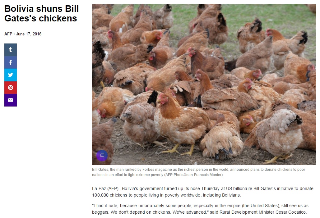 볼리비아 정부의 빌게이츠 '닭 기부' 거부를 보도하는 AFP 갈무리.