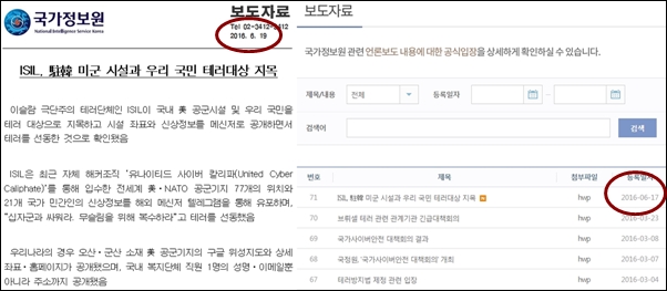 국정원이 올린 보도자료에 명기된 날짜는 19일이지만, 등록 일자는 6월 17일로 되어 있다. 또한 문서의 수정 날짜는 6월 20일 오전 8시 8분으로 되어 있다. 