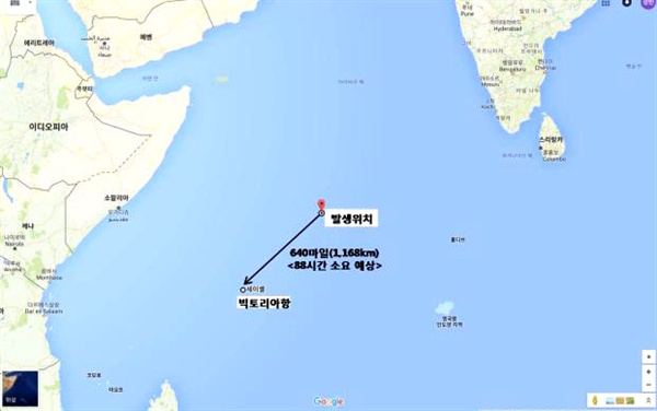 인도양 한국 원양어선 K호 선상에서 살인 사건이 발생한 위치도.