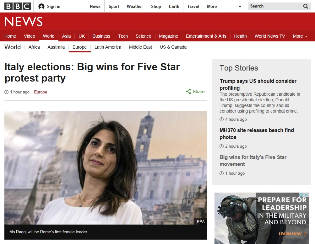 이탈리아 로마 시장 선거의 여성 후보 당선을 보도하는 BBC 뉴스 갈무리.