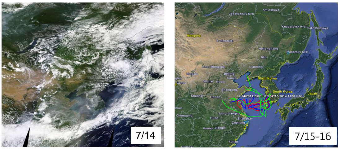 러시아 시베리아 산불 발생 이전인 지난 2014년 7월 14일~17일 중국 연무가 한반도에 미치는 영향을 보여주는 위성 사진