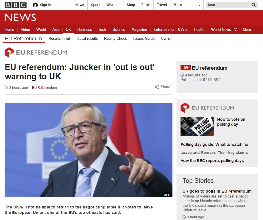 장-클로드 융커 유럽연합(EU) 집행위원장의 기자회견을 보도하는 BBC 뉴스 갈무리.