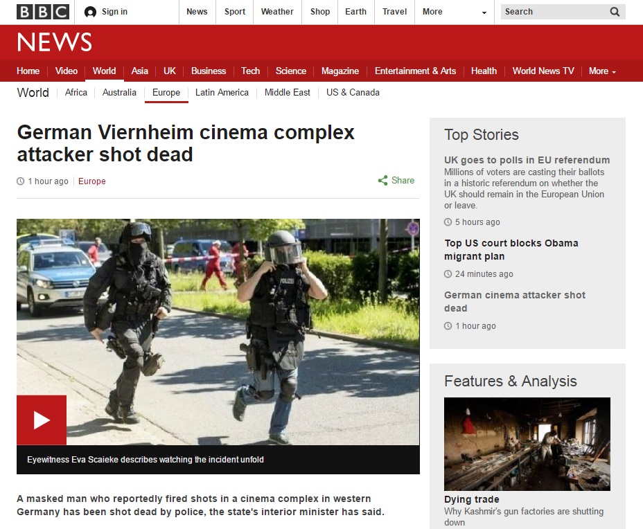 독일의 한 극장에서 발생한 총기 인질극을 보도하는 BBC 뉴스 갈무리.