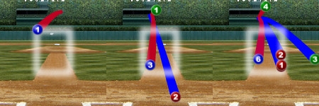  이대호 첫번째 타석(좌), 세번째 타석(중), 네번째 타석 (중), 포수 시점 (출처: MLB.com 게임데이)
