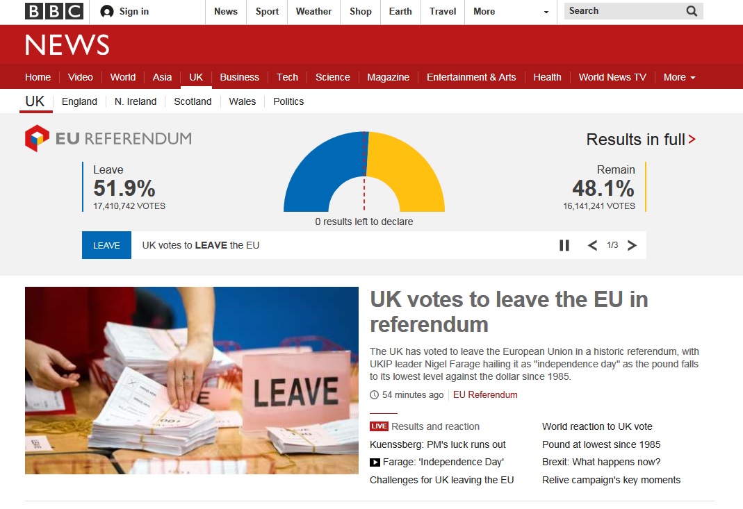 영국 '브렉시트' 국민투표 최종 결과를 발표하는 BBC 뉴스 갈무리.