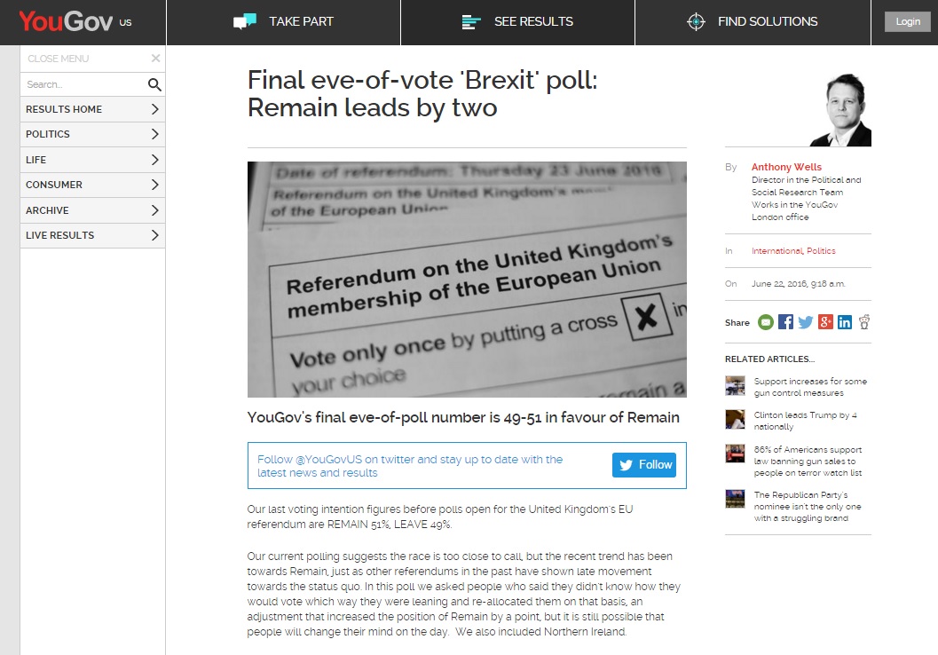 영국 브렉시트 국민투표 직후 여론조사 결과를 발표한 '유고브' 홈페이지 갈무리.