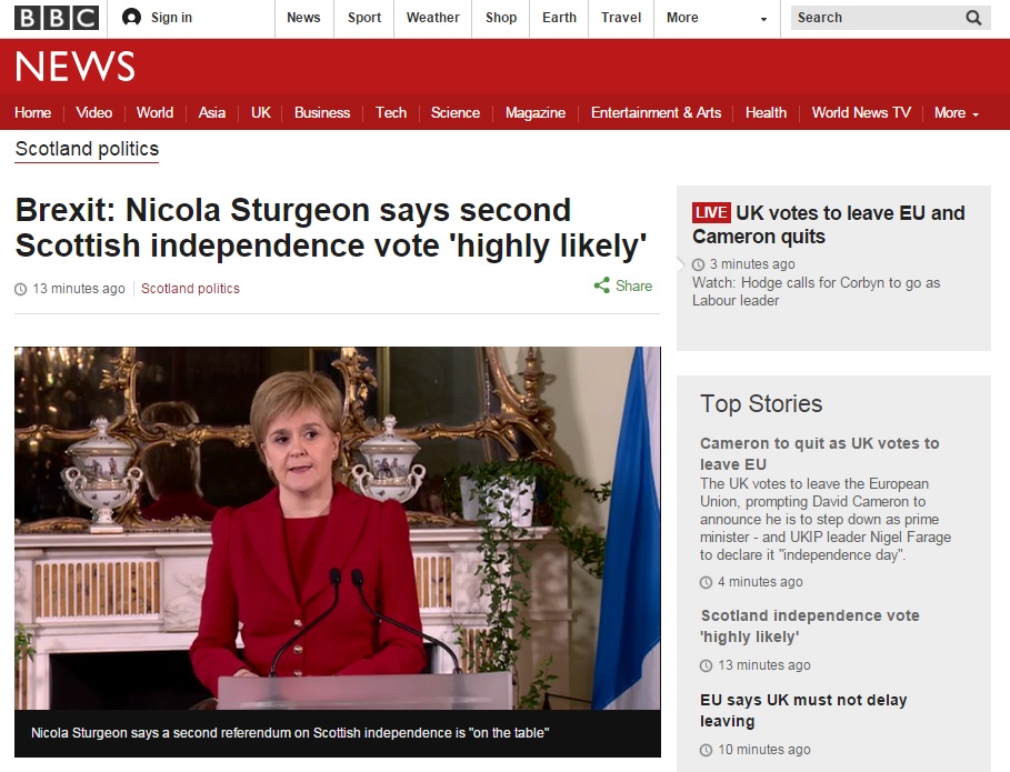 니콜라 스터전 스코틀랜드 자치정부 대표의 분리독립 국민투표 추진 의사를 보도하는 BBC 뉴스 갈무리.