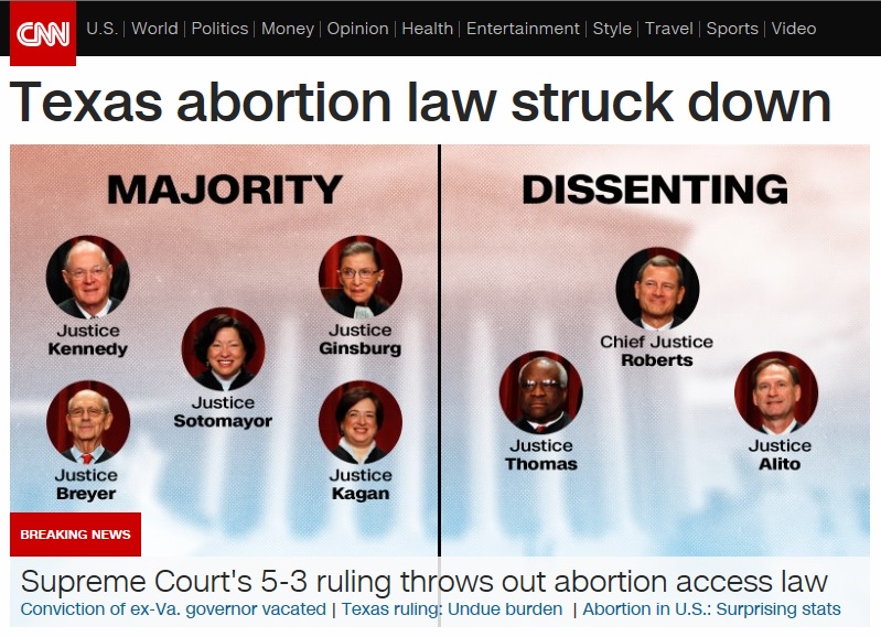 미국 연방대법원의 '낙태금지법' 위헌 결정을 보도하는 CNN 뉴스 갈무리.
