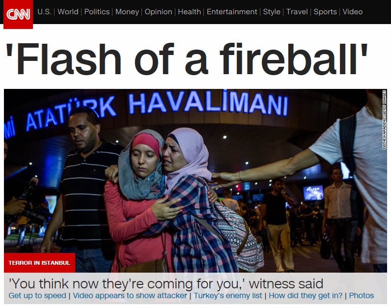 터키 이스탄불 아타튀르크 국제공항 테러를 보도하는 CNN 뉴스 갈무리.