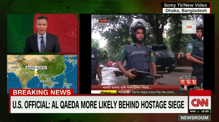 방글라데시에서 발생한 이슬람국가(IS) 추정 세력의 인질극을 보도하는 CNN 뉴스 갈무리.