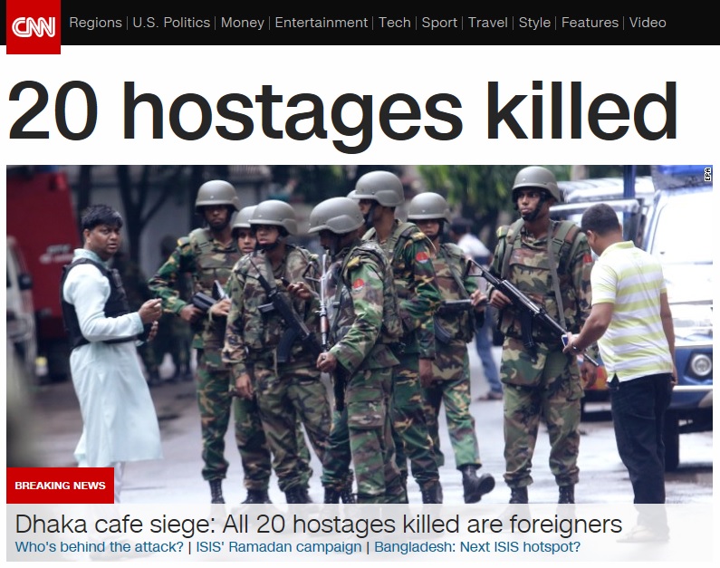 방글라데시 인질 테러를 보도하는 CNN 뉴스 갈무리.