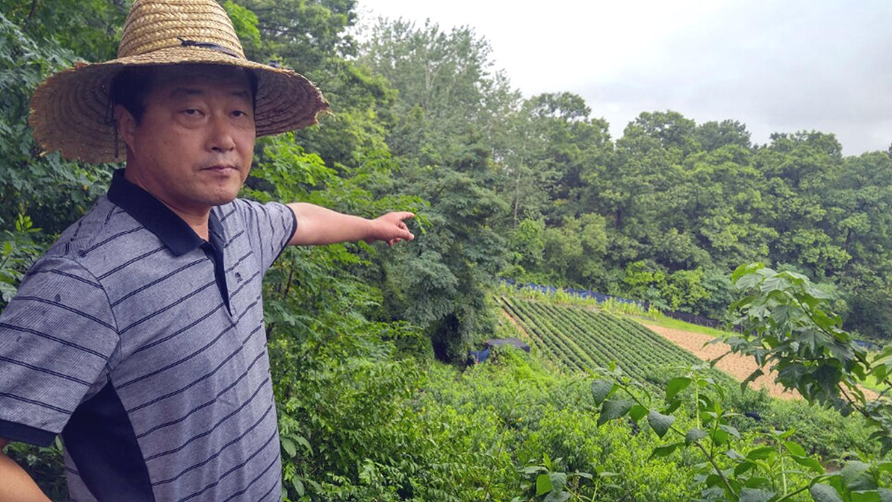 충주 국민보도연맹학살사건 현장인 싸리고개 산골짜기 충주 국민보도연맹학살사건 발생 66주기인 7월 5일, 단편소설 <어느 물푸레나무의 기억>을 통해 학살사건을 생생히 묘사했던 현장인 건국대 충주캠퍼스 맞은편 싸리고개 산골짜기를 최용탁 작가가 가리키고 있다.