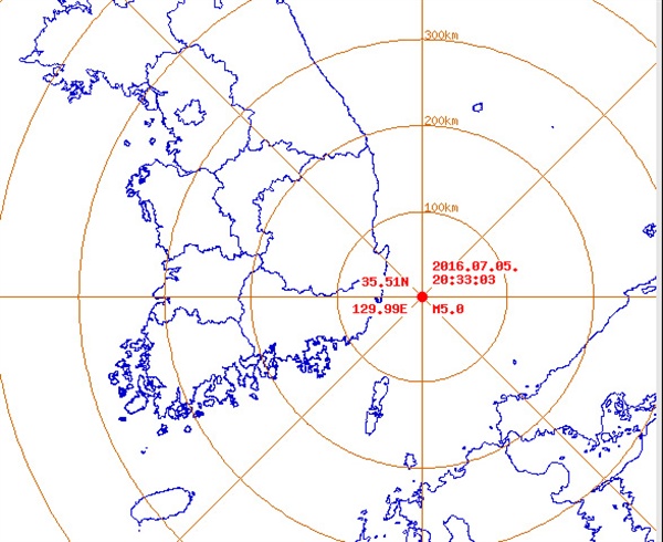  8일 저녁 울산 쪽에서 발생한 지진 발생 현황도.