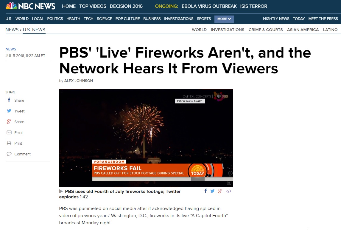 미국 공영방송 PBS의 '불꽃놀이 자료화면' 논란을 보도하는 NBC 뉴스 갈무리.