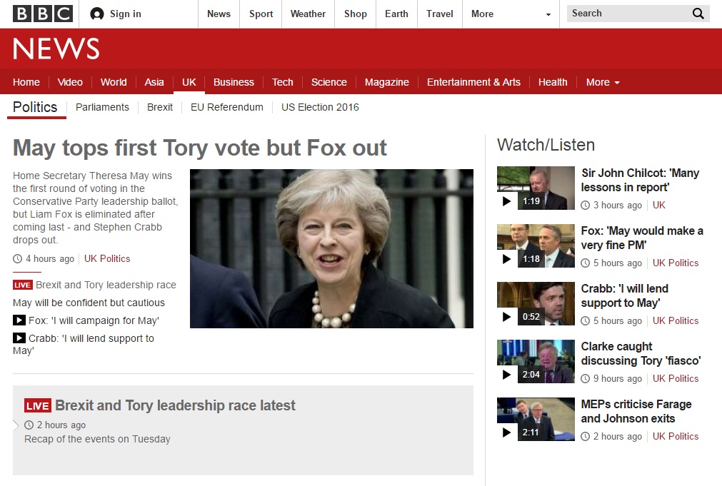 테리사 메이 영국 내무장관의 보수당 대표 1차 투표 1위를 보도하는 BBC 뉴스 갈무리.