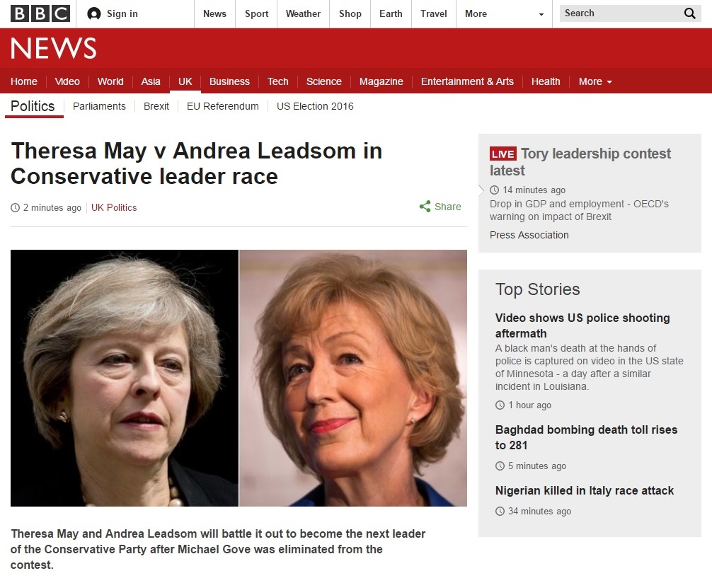 영국 차기 총리를 뽑는 보수당 대표 경선을 보도하는 BBC 뉴스 갈무리.