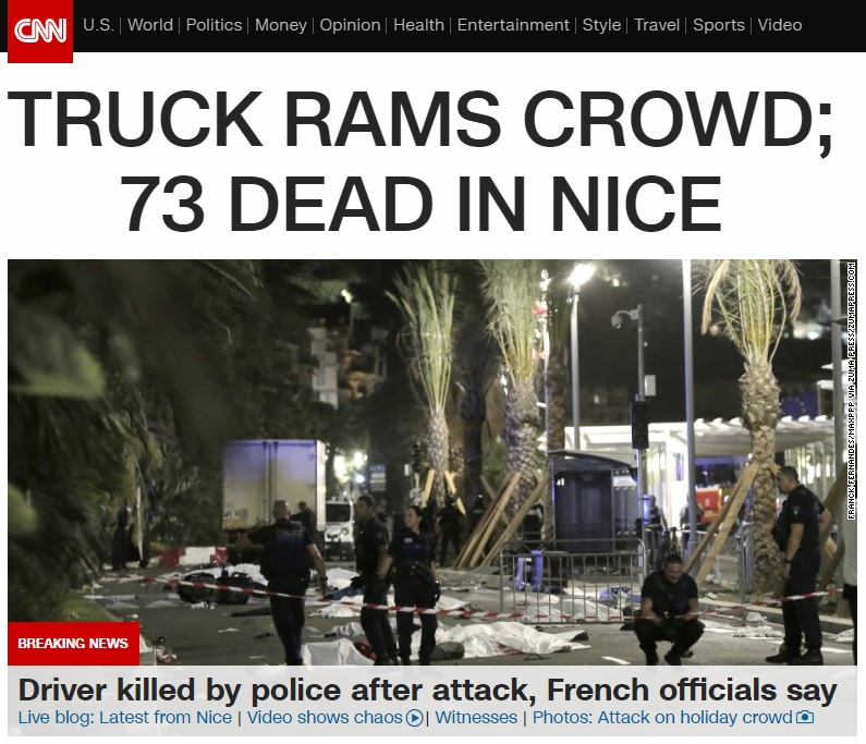 프랑스 해안 도시 니스에서 발생한 트럭 돌진 사건을 보도하는 CNN 뉴스 갈무리.