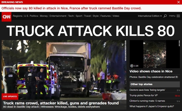 CNN 누리집 갈무리. 프랑스 니스 트럭테러 사망자가 80명으로 늘었다고 보도했다.