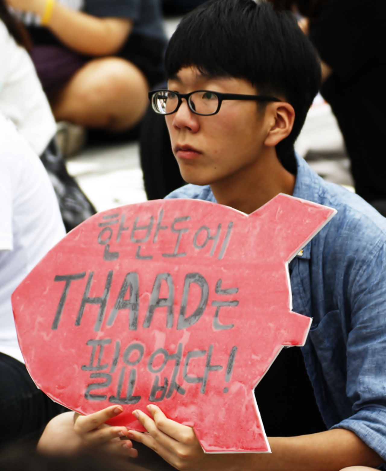  한 집회 참가자가 "한반도에 THAAD는 필요없다!" 고 적힌 팻말을 들고있다.