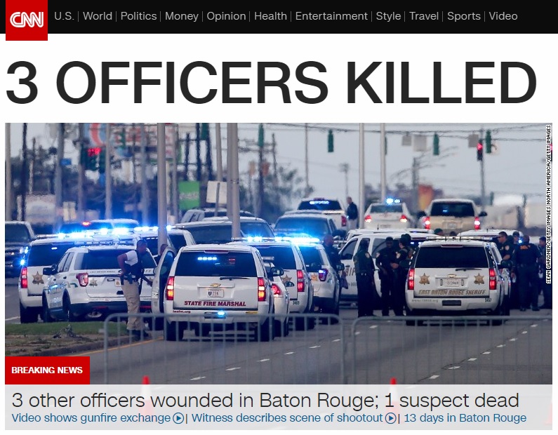 미국 루이지애나 주 배턴 루지에서 발생한 경찰 총격 사건을 보도하는 CNN 뉴스 갈무리.