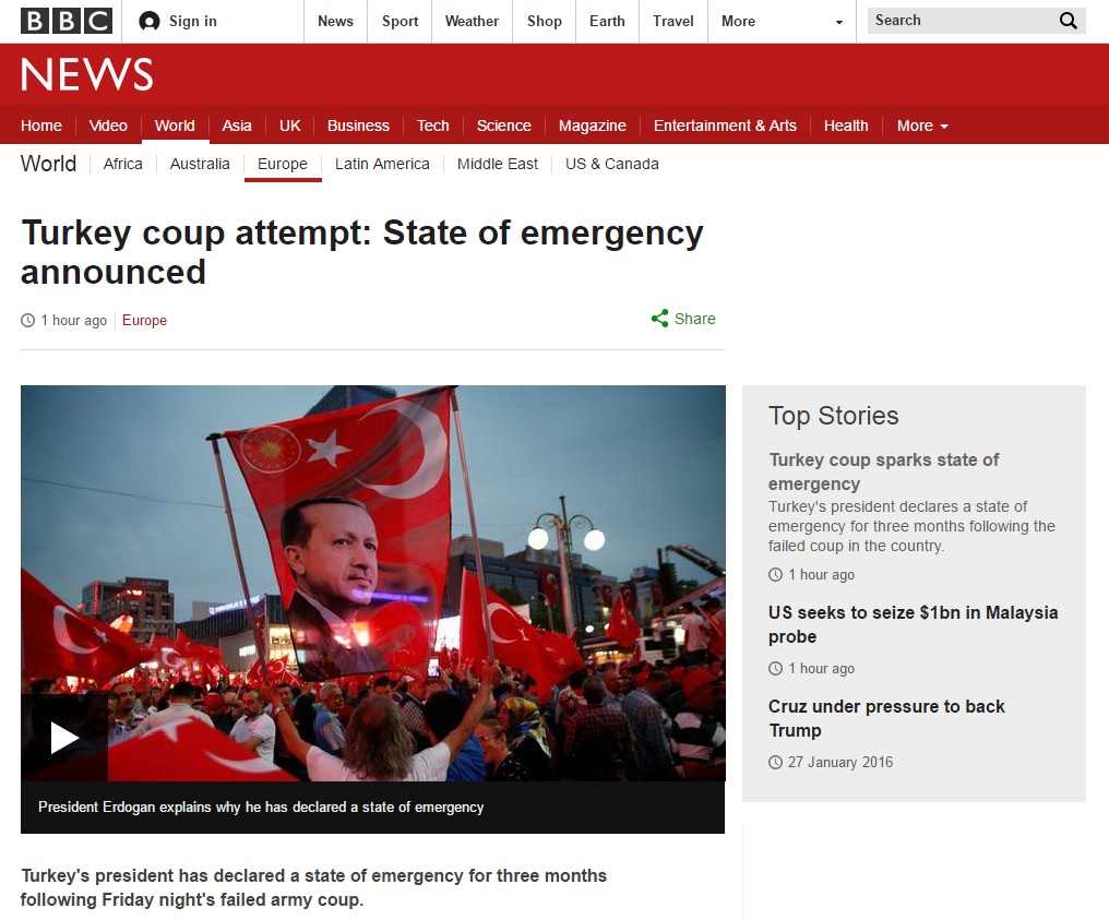 터키의 국가비상사태 선포를 보도하는 BBC 뉴스 갈무리.