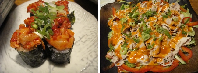           내장이 놓인 김밥과 돼지고기 푸성귀 샐러드입니다. 김밥의 담백함과 내장의 질긴 느낌이 조화롭습니다.