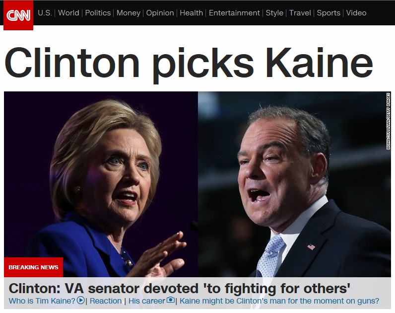 힐러리 클린턴의 팀 케인 상원의원 부통령 후보 지명을 보도하는 CNN 뉴스 갈무리.